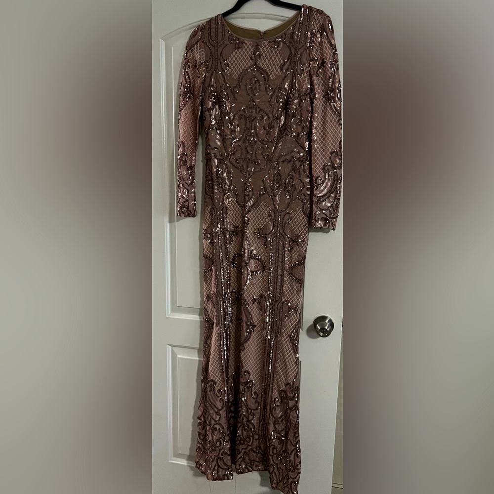 Betsey & Adam long sleeve pink dress, styled with beautiful sequins, and sleeves
